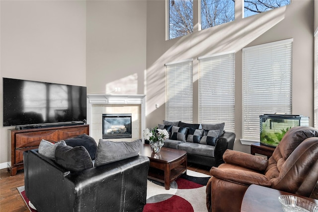 living room with a towering ceiling, a fireplace, and hardwood / wood-style flooring