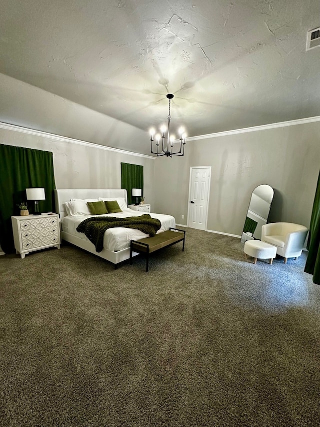 carpeted bedroom with ornamental molding, an inviting chandelier, a textured ceiling, and vaulted ceiling