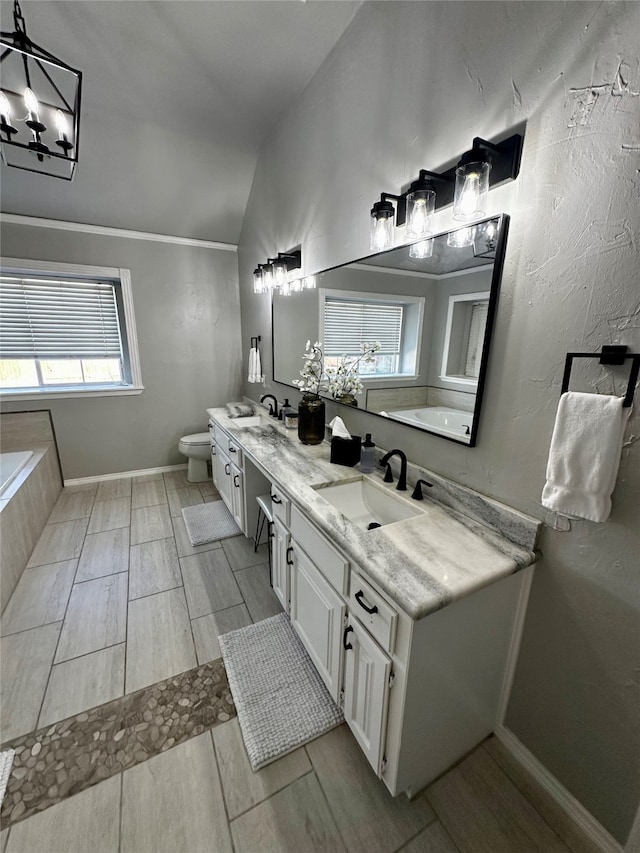 bathroom with vanity, toilet, lofted ceiling, and a wealth of natural light