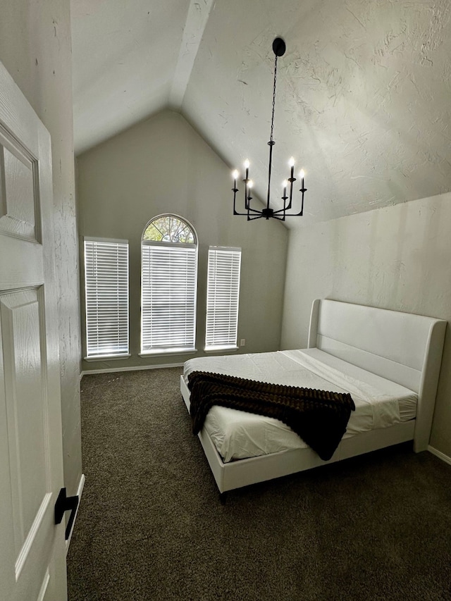 carpeted bedroom with lofted ceiling and an inviting chandelier