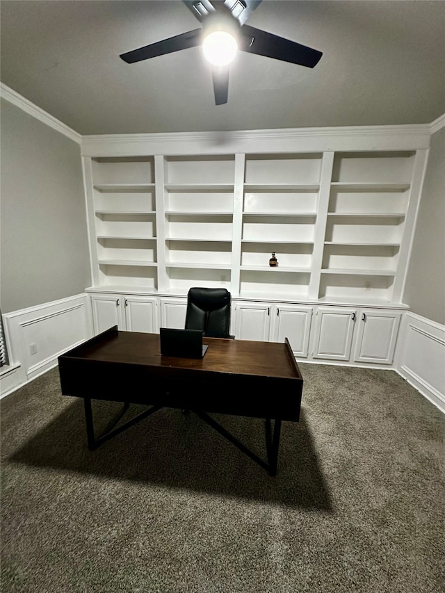 home office featuring crown molding, built in features, carpet floors, and ceiling fan