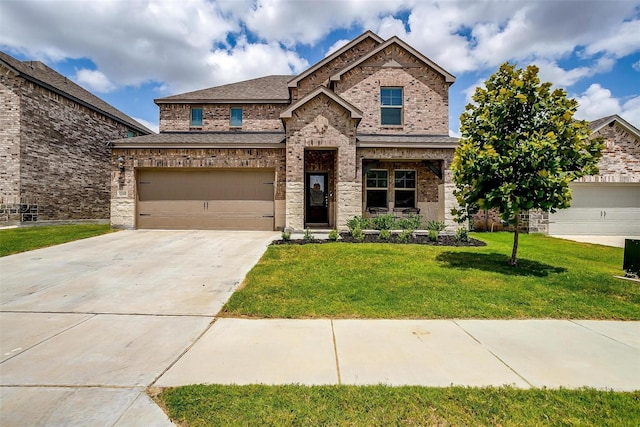 craftsman inspired home featuring a front lawn and a garage