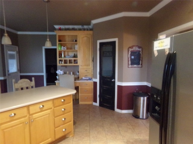 kitchen with ornamental molding, stainless steel refrigerator with ice dispenser, light brown cabinets, and hanging light fixtures