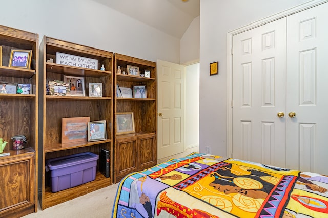 bedroom with vaulted ceiling and a closet