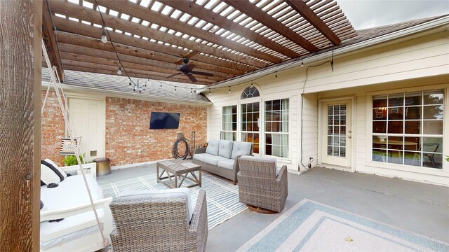 view of patio / terrace featuring a pergola, an outdoor hangout area, and ceiling fan