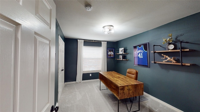 office space featuring light colored carpet and a textured ceiling