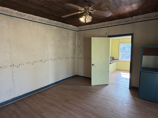 spare room with wood ceiling, hardwood / wood-style flooring, and ceiling fan