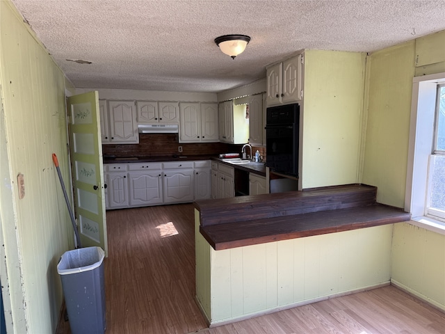 kitchen with light hardwood / wood-style floors, a textured ceiling, black dishwasher, and sink