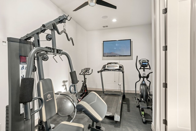 workout room with ceiling fan