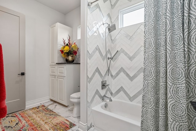 bathroom with toilet and shower / bathtub combination with curtain