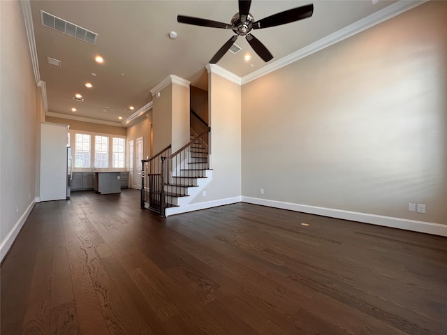 unfurnished living room with crown molding, dark hardwood / wood-style floors, and ceiling fan