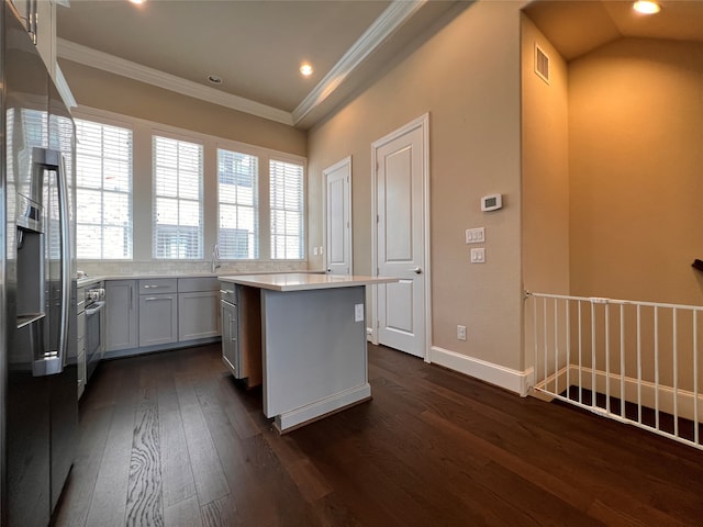 kitchen with a kitchen island, stainless steel appliances, ornamental molding, sink, and dark hardwood / wood-style flooring