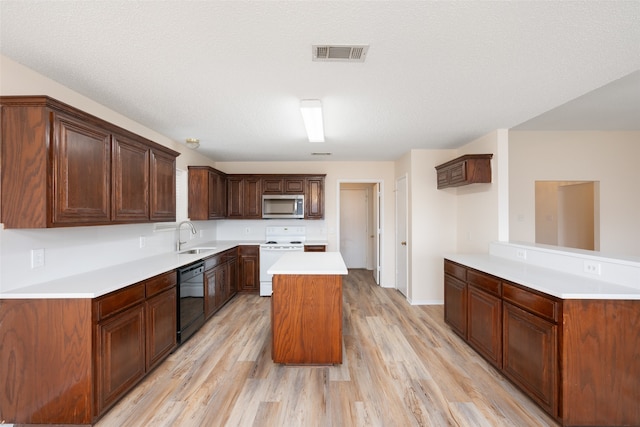 kitchen with black dishwasher, sink, a center island, white range with electric cooktop, and light hardwood / wood-style floors