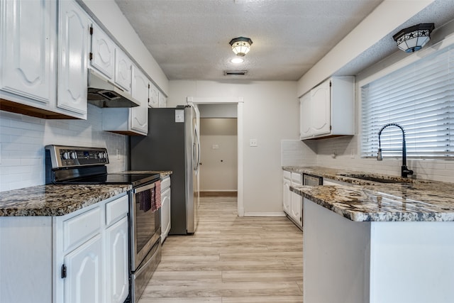 kitchen with tasteful backsplash, white cabinetry, light hardwood / wood-style flooring, stainless steel range with electric stovetop, and sink