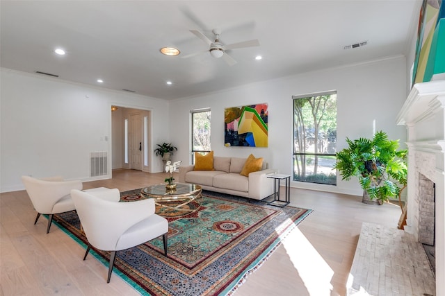 living room with a fireplace, light wood-type flooring, and a wealth of natural light