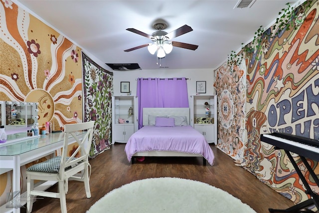 bedroom with ceiling fan and dark wood-type flooring