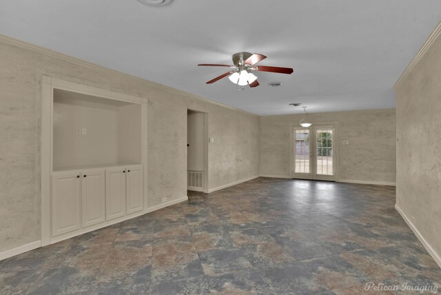 unfurnished room with crown molding and ceiling fan