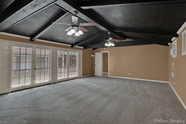 unfurnished living room with vaulted ceiling with beams, carpet floors, and ceiling fan