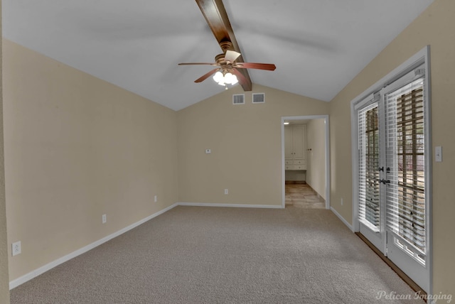 carpeted spare room featuring ceiling fan and vaulted ceiling with beams