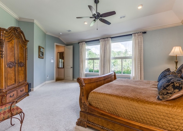 bedroom featuring light carpet, crown molding, lofted ceiling, and ceiling fan