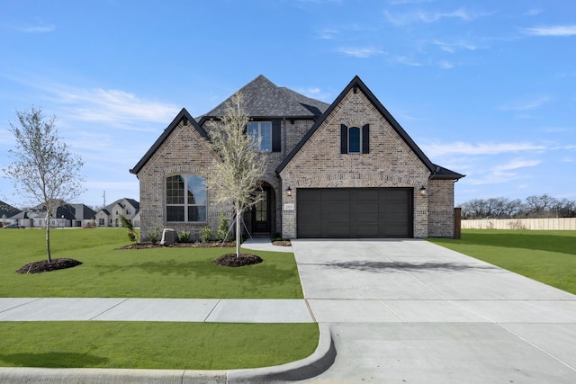 french country inspired facade featuring concrete driveway, brick siding, and a front lawn