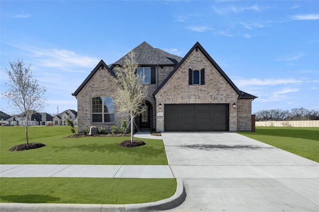 french country home featuring brick siding, driveway, and a front yard