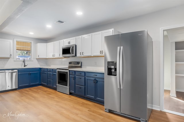 kitchen featuring white cabinetry, sink, blue cabinets, light hardwood / wood-style floors, and appliances with stainless steel finishes