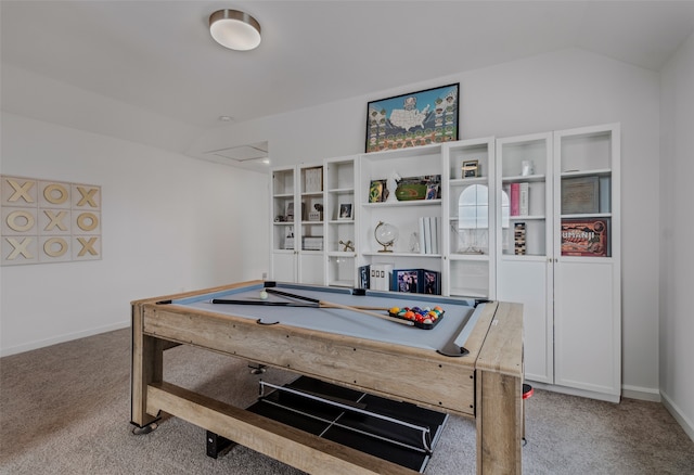 recreation room with light carpet, lofted ceiling, and pool table