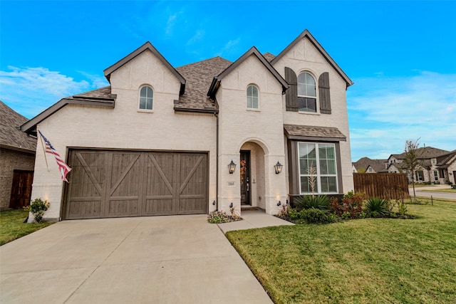 french provincial home with a front lawn