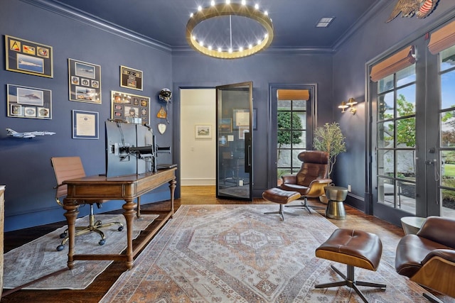 office area featuring crown molding, french doors, and hardwood / wood-style flooring