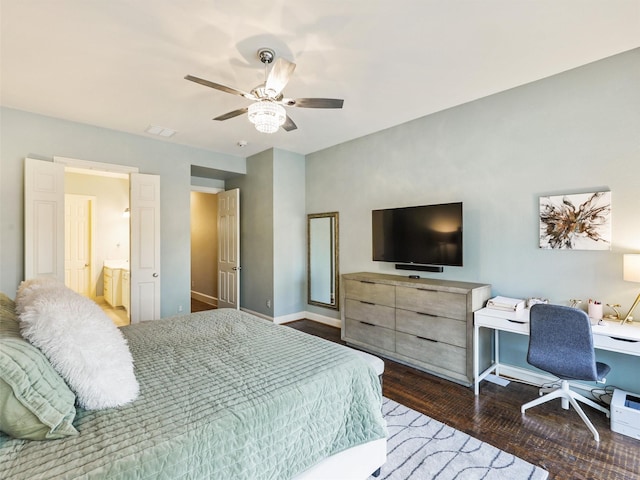 bedroom featuring ensuite bathroom, ceiling fan, and dark hardwood / wood-style flooring