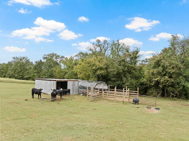 view of yard with an outdoor structure and a rural view