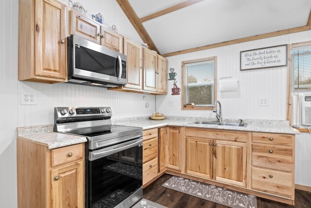 kitchen featuring lofted ceiling, sink, light stone counters, appliances with stainless steel finishes, and dark hardwood / wood-style flooring