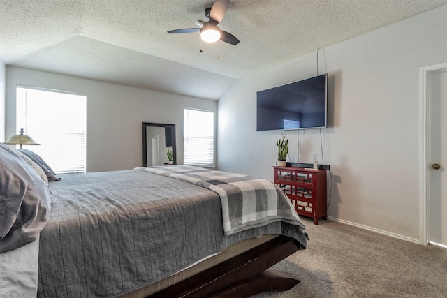 418 Mcmurtry Dr, Arlington, TX 76002 - carpeted bedroom with lofted ceiling, a textured ceiling, ceiling fan, and baseboards