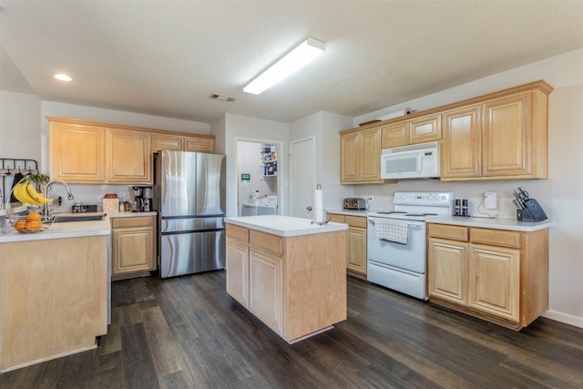 kitchen featuring light brown cabinetry, a textured ceiling, dark hardwood / wood-style floors, a kitchen island, and white appliances