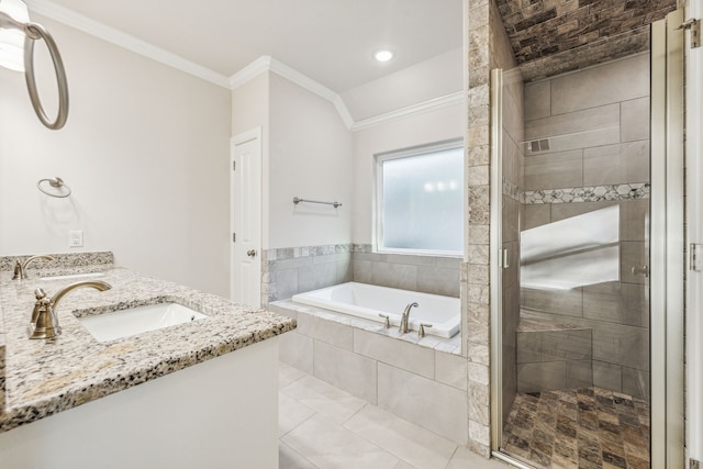 bathroom featuring ornamental molding, vanity, vaulted ceiling, and independent shower and bath