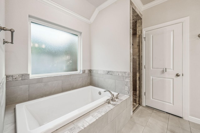 bathroom with separate shower and tub, tile patterned flooring, and ornamental molding