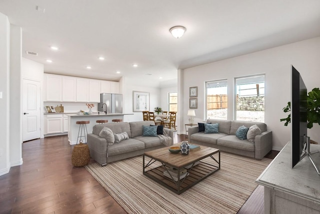 living room with sink and hardwood / wood-style flooring