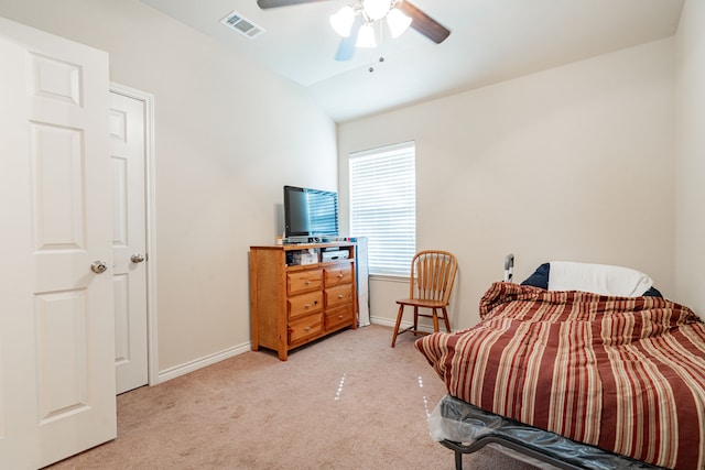 carpeted bedroom with ceiling fan