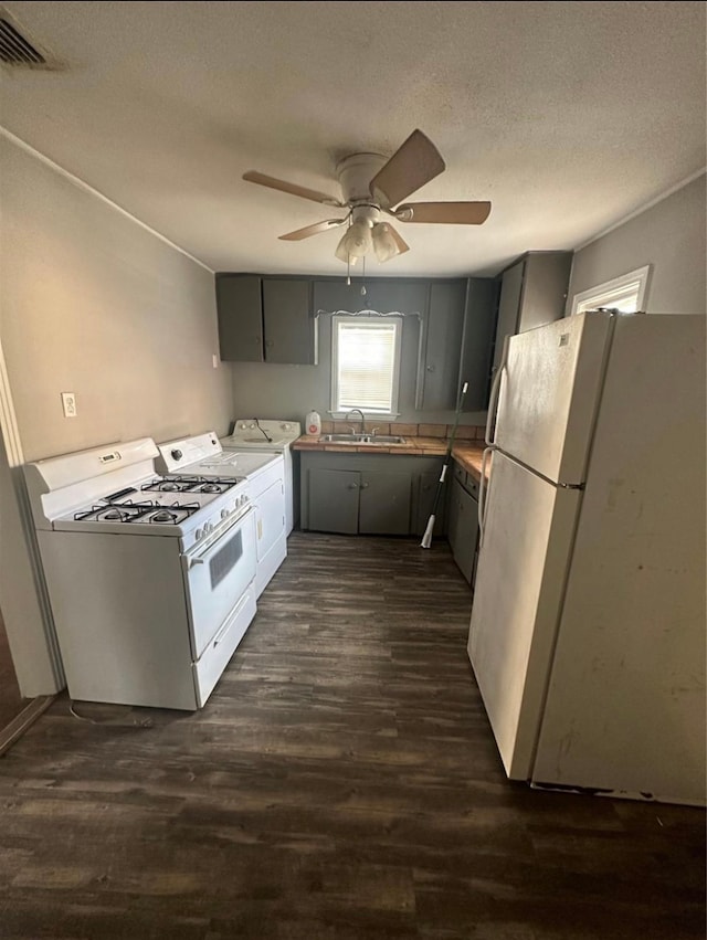 kitchen with gray cabinets, dark hardwood / wood-style flooring, sink, and white appliances