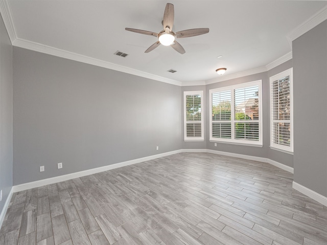 unfurnished room featuring ceiling fan, light hardwood / wood-style flooring, and crown molding