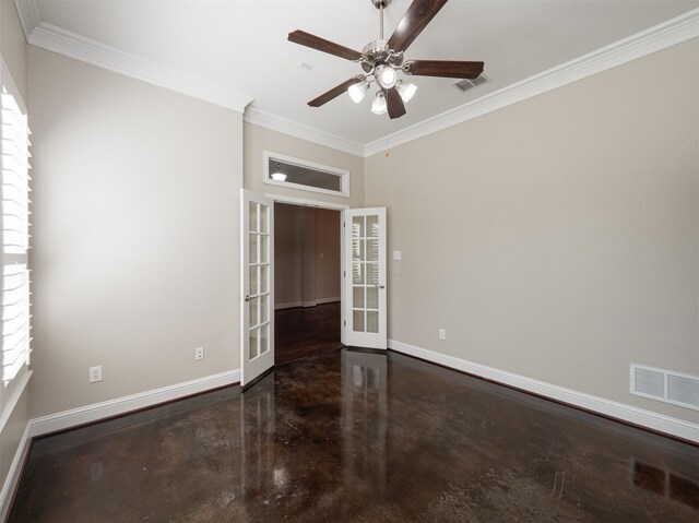 empty room featuring french doors, ceiling fan, and ornamental molding