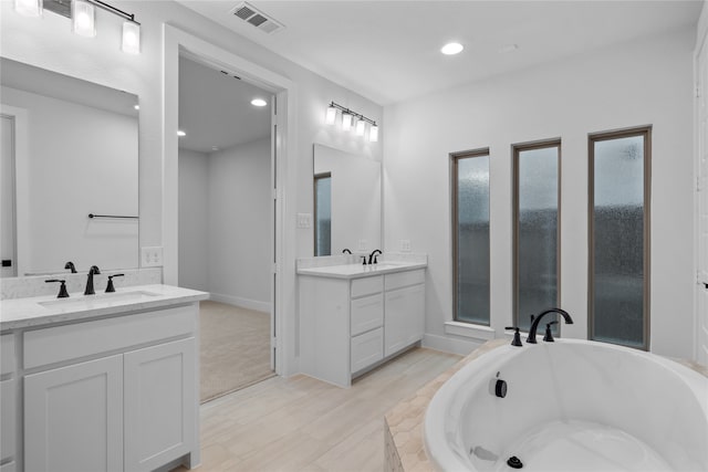 bathroom featuring vanity, independent shower and bath, and wood-type flooring