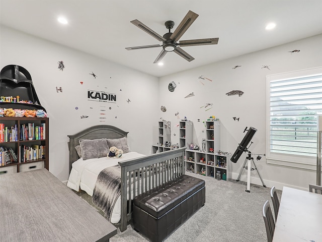 bedroom featuring carpet and ceiling fan