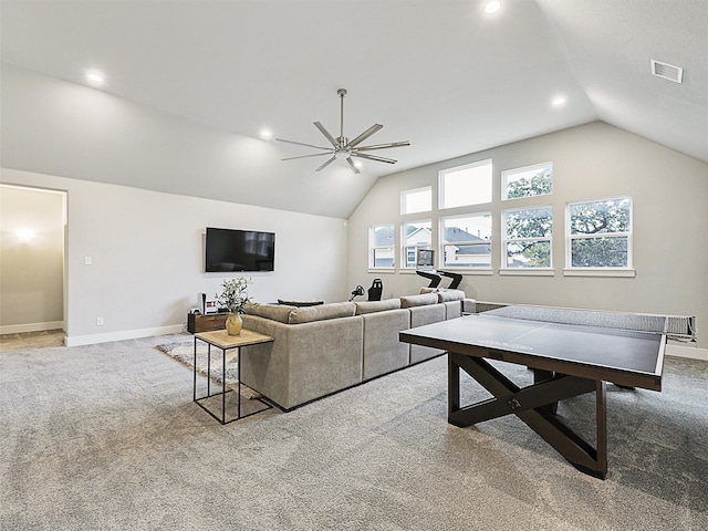 living room with lofted ceiling, carpet floors, and ceiling fan