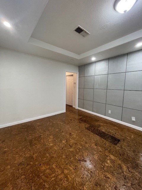 spare room with a textured ceiling and a raised ceiling