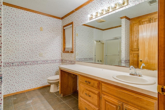 bathroom featuring tile patterned floors, toilet, an enclosed shower, crown molding, and a textured ceiling