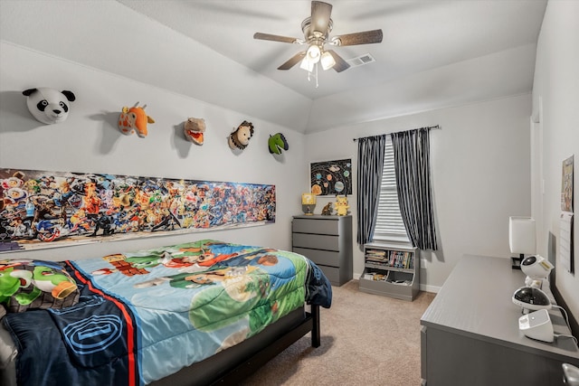 bedroom with lofted ceiling, light carpet, and ceiling fan