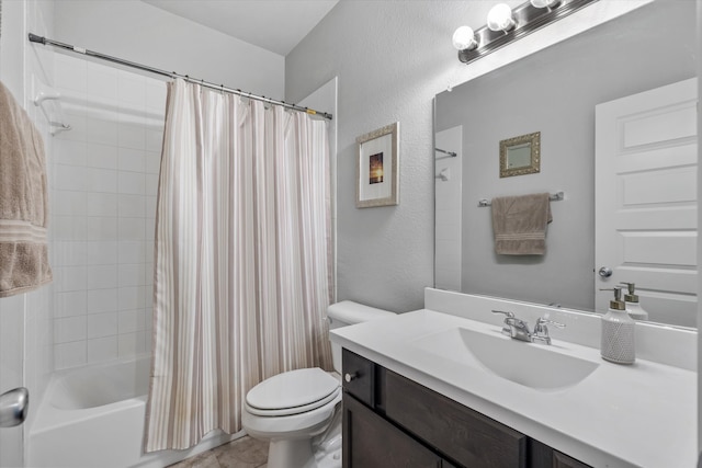 full bathroom featuring vanity, toilet, and shower / bathtub combination with curtain