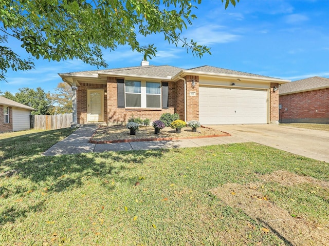 ranch-style house with a front yard and a garage